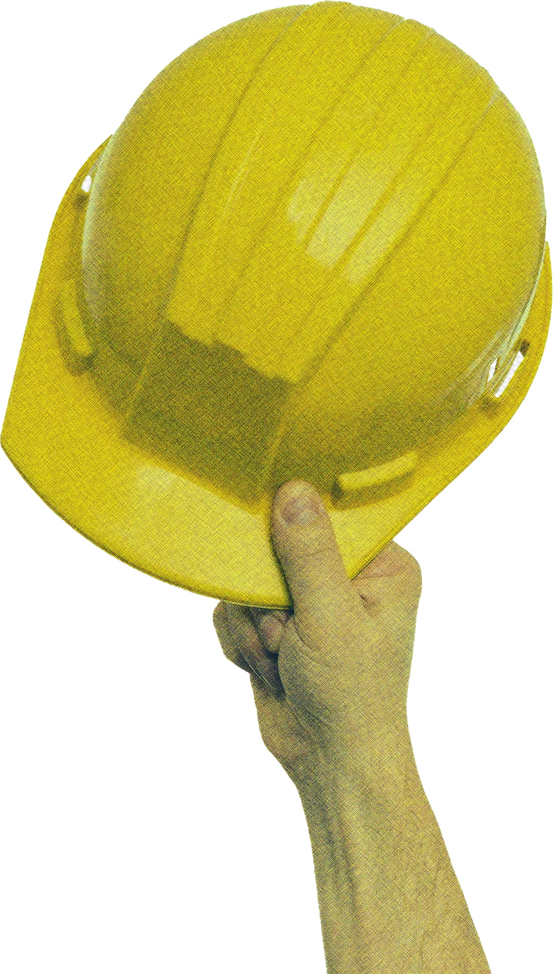 Mano che solleva un casco giallo, simbolo della professionalità e della sicurezza dei consulenti Alfaraee nella gestione dei rifiuti elettronici aziendali
