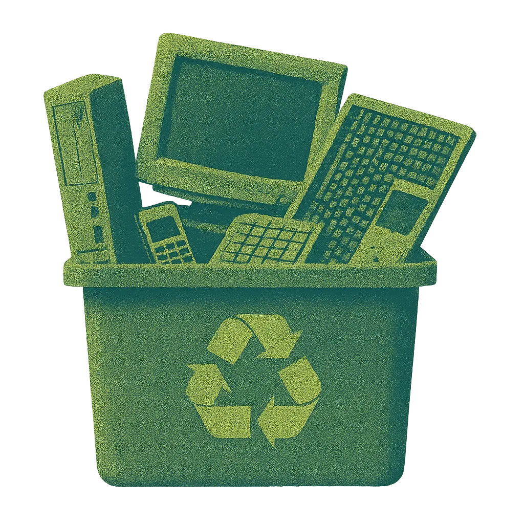 Contenitore per la raccolta RAEE pieno di rifiuti elettronici aziendali come PC, monitor, tastiere e telefoni